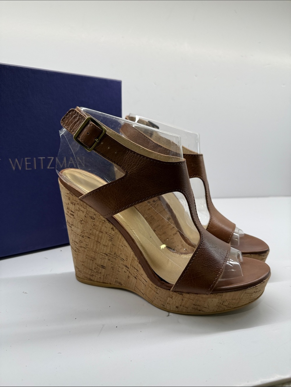 Stuart Weitzman Brown Leather Cork Wedge Sandals with T-Strap
